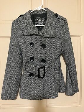 last kiss Black and White Herringbone Pea Coat with Belt